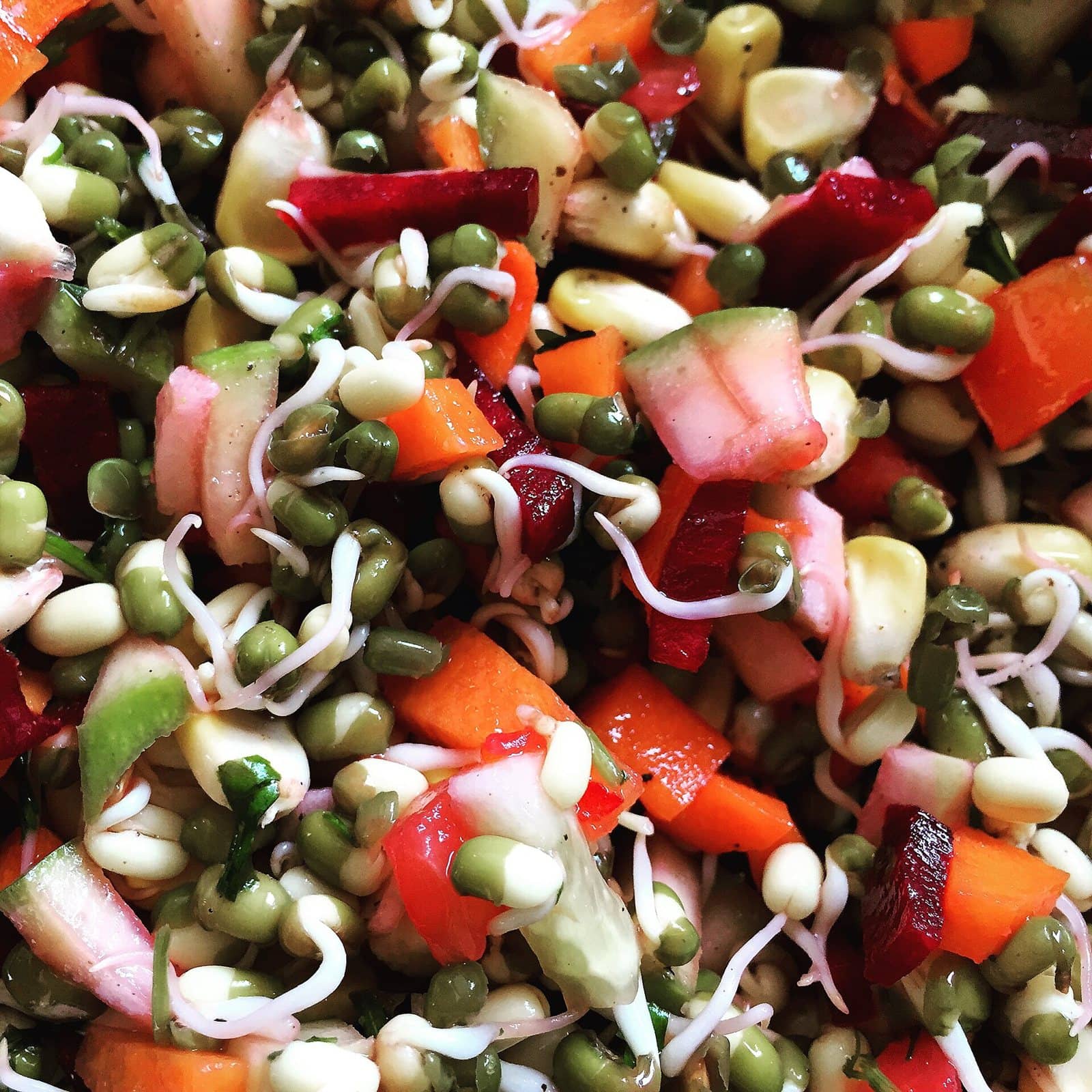 A colourful sprouted moong salad with peppers, beetroot and corn